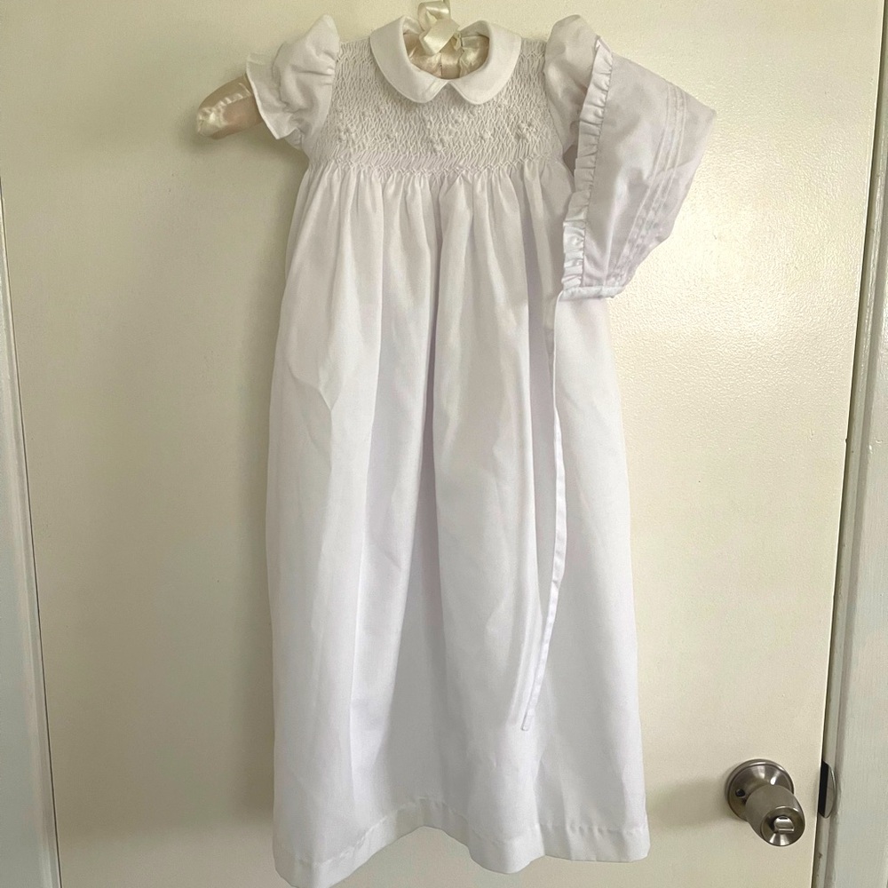 Baby girl smocked Christening dress with bonnet color white